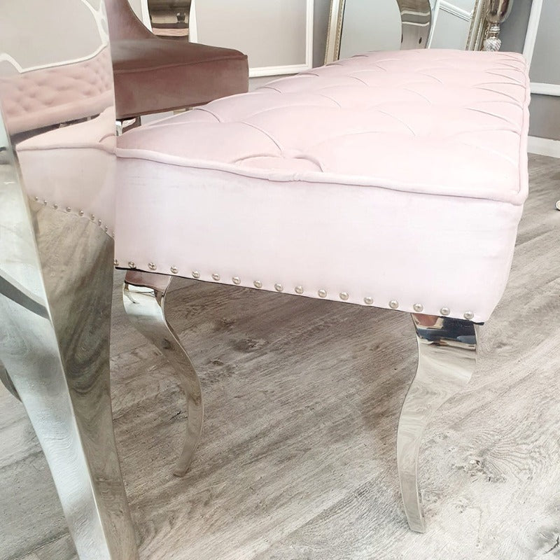 Luxury Louis Dining Bench, space saving solution, dining benches fit snug underneath the table, soft velvet texture or leather, chrome base luxury dining pink bench