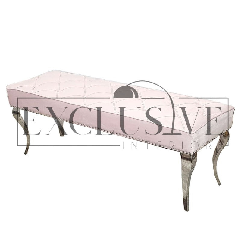 Luxury Louis Dining Bench, space saving solution, dining benches fit snug underneath the table, soft velvet texture or leather, chrome base luxury dining pink bench