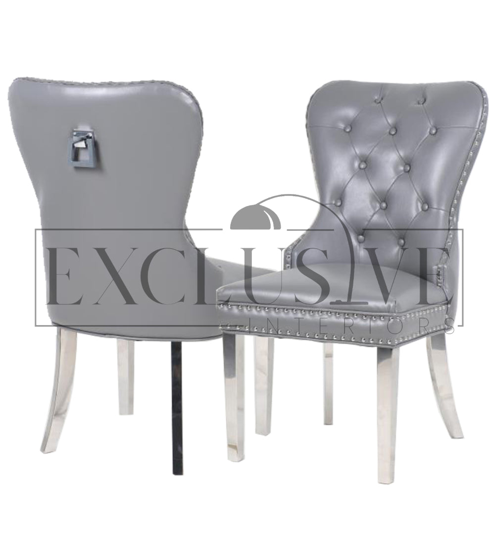 Mayfair Dining Chairs Faux Leather Chrome Square Knocker with double studding. High-end chairs & stools, sophisticated design, premium dining chairs, opulent.