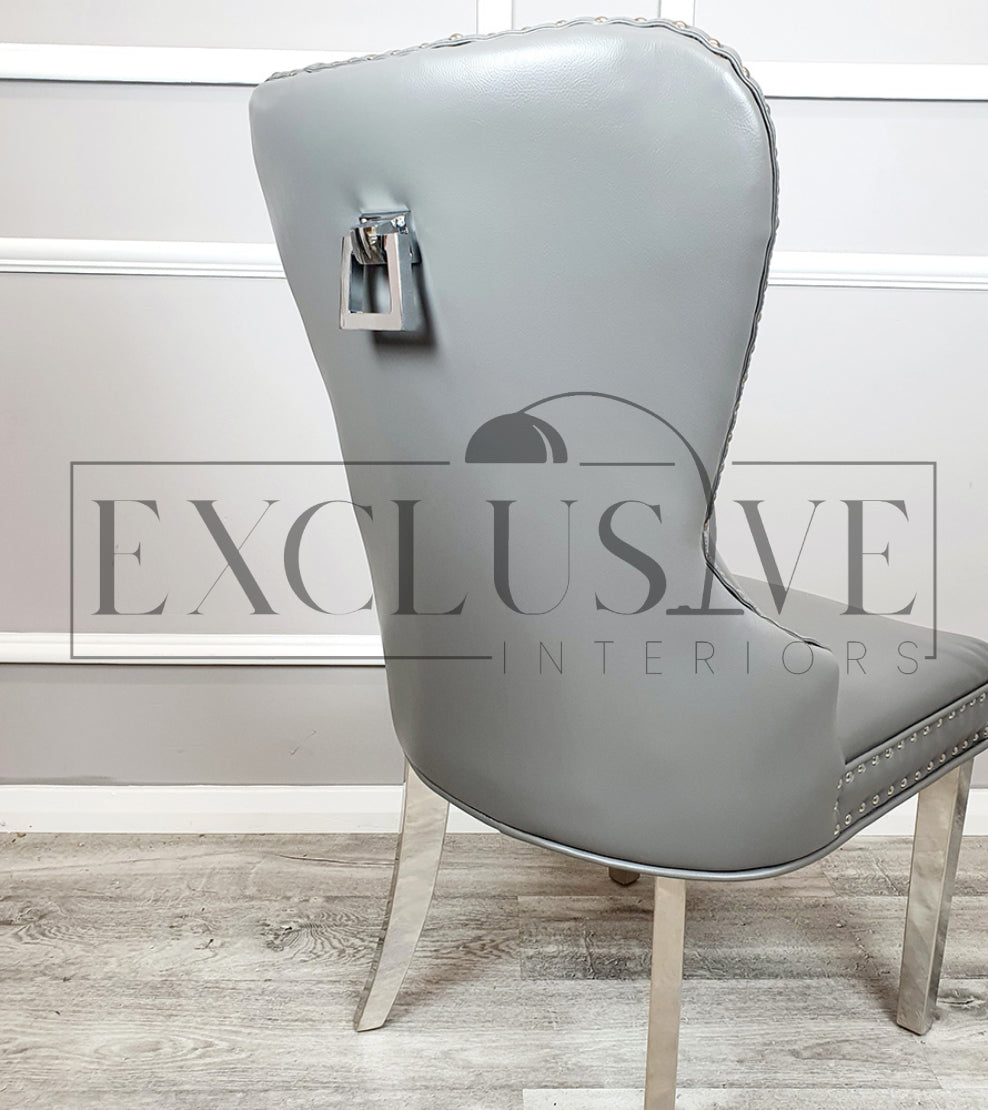 Mayfair Dining Chairs Faux Leather Chrome Square Knocker with double studding. High-end chairs & stools, sophisticated design, premium dining chairs, opulent.