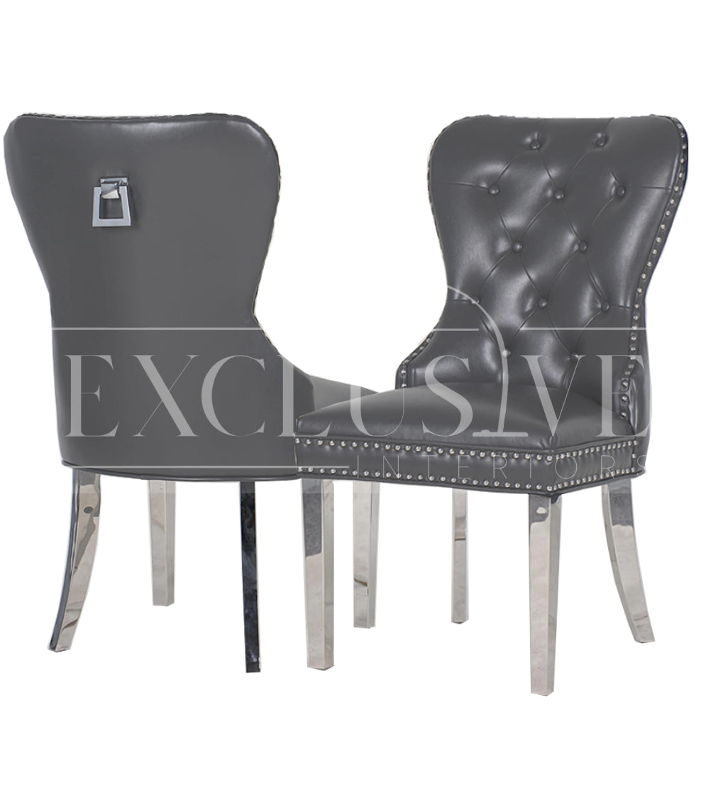 Mayfair Dining Chairs Faux Leather Chrome Square Knocker with double studding. High-end chairs & stools, sophisticated design, premium dining chairs, opulent.