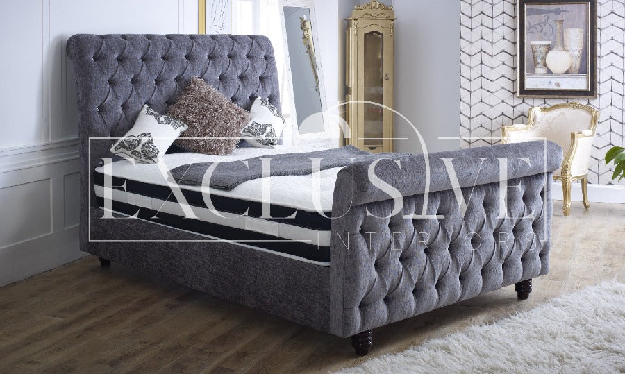 Montreal Chesterfield Upholstered Sleigh Bed Frame & Headboard Upscale home furnishings with exclusive furniture, stylish stools, luxury beds, elegant dining sets, premium tables, marble tables, high-end chairs, genuine luxury furniture